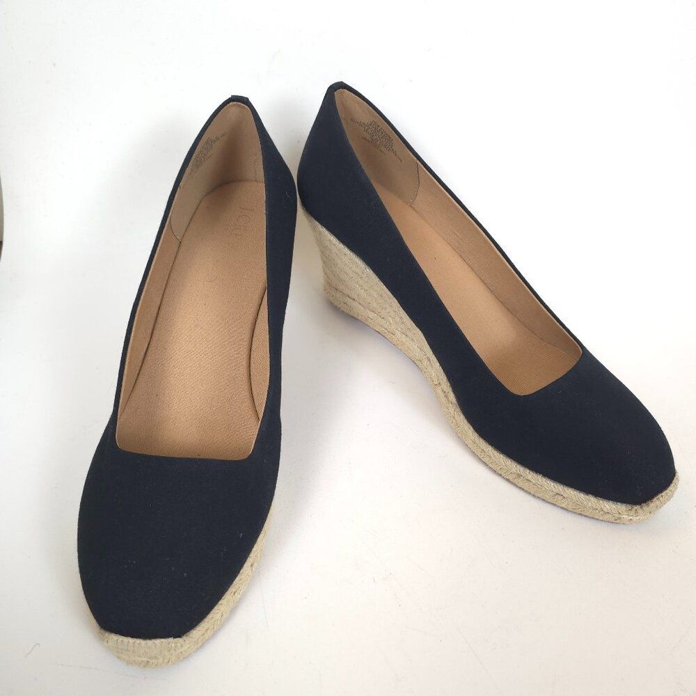 J.Crew Espadrille Wedge Shoes Black Cream Canvas Rope Heel Womens Size 12